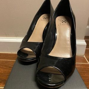 Vince Camuto Black Patent Leather Berit Peep Toe Chunky Heel